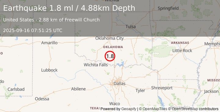 Earthquake 4 km SE of Ratliff City, Oklahoma (1.8 ml) (2025-09-16 07:51:25 UTC)