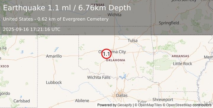 Earthquake 2 km NNE of Minco, Oklahoma (1.1 ml) (2025-09-16 17:21:16 UTC)