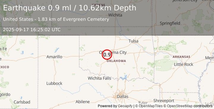 Earthquake 2 km N of Minco, Oklahoma (0.9 ml) (2025-09-17 16:25:02 UTC)