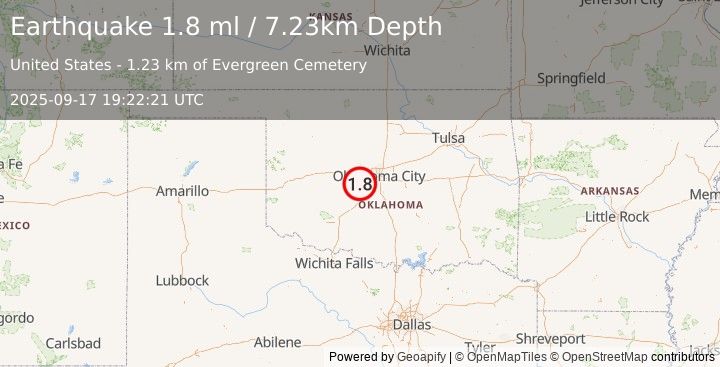 Earthquake 2 km NNE of Minco, Oklahoma (1.8 ml) (2025-09-17 19:22:21 UTC)