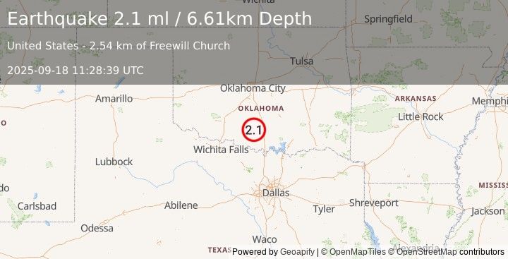 Earthquake 5 km SE of Ratliff City, Oklahoma (2.1 ml) (2025-09-18 11:28:39 UTC)