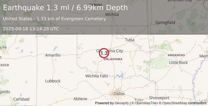 Earthquake 2 km N of Minco, Oklahoma (1.3 ml) (2025-09-18 13:14:29 UTC)
