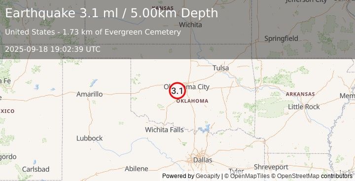 Earthquake 3 km NE of Minco, Oklahoma (3.1 ml) (2025-09-18 19:02:39 UTC)