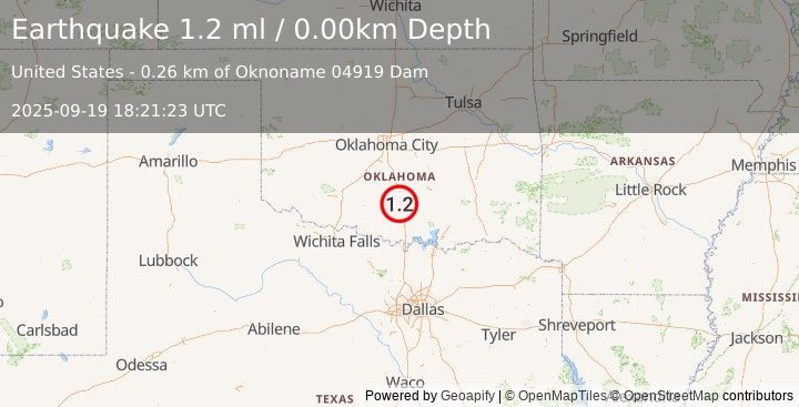 Earthquake 11 km SE of Katie, Oklahoma (1.2 ml) (2025-09-19 18:21:23 UTC)