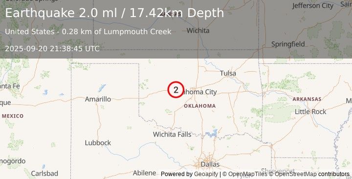 Earthquake 5 km E of Bridgeport, Oklahoma (2.0 ml) (2025-09-20 21:38:45 UTC)