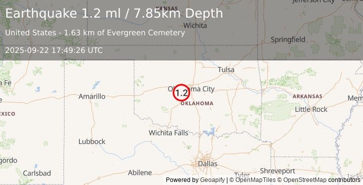Earthquake 3 km NNE of Minco, Oklahoma (1.2 ml) (2025-09-22 17:49:26 UTC)