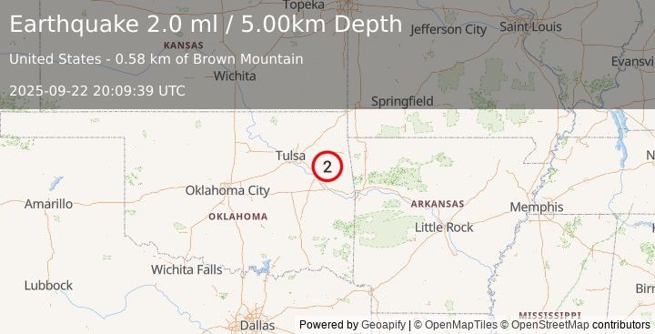 Earthquake 2 km SSW of Shady Grove, Oklahoma (2.0 ml) (2025-09-22 20:09:39 UTC)