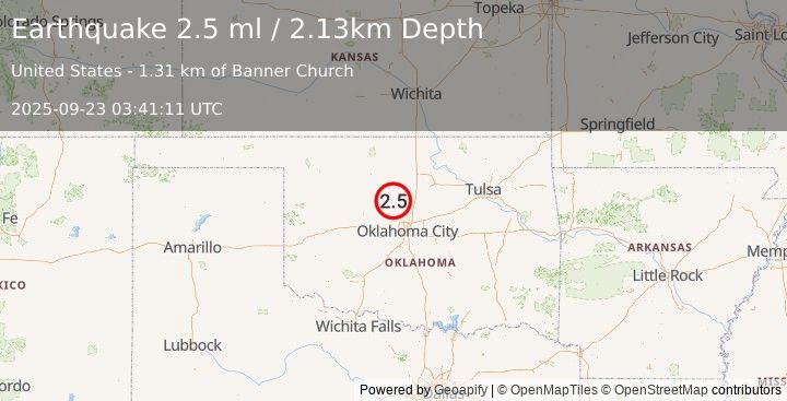 Earthquake 10 km E of Dover, Oklahoma (2.5 ml) (2025-09-23 03:41:11 UTC)