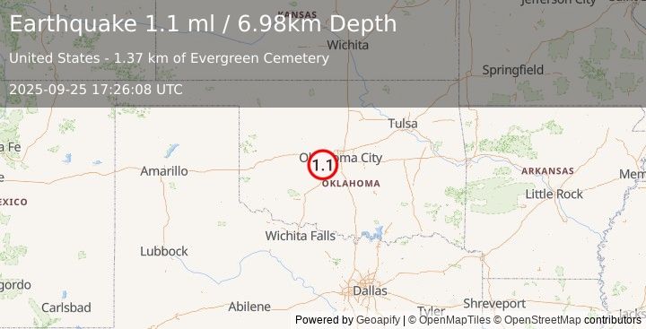 Earthquake 2 km N of Minco, Oklahoma (1.1 ml) (2025-09-25 17:26:08 UTC)
