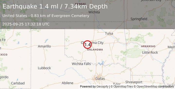 Earthquake 2 km NNE of Minco, Oklahoma (1.4 ml) (2025-09-25 17:32:18 UTC)