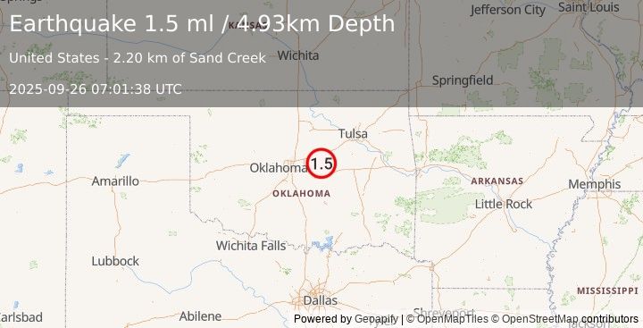 Earthquake 8 km SE of Sparks, Oklahoma (1.5 ml) (2025-09-26 07:01:38 UTC)