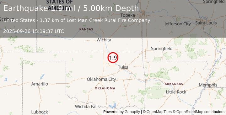 Earthquake 2 km E of Burbank, Oklahoma (1.1 ml) (2025-09-26 15:19:36 UTC)