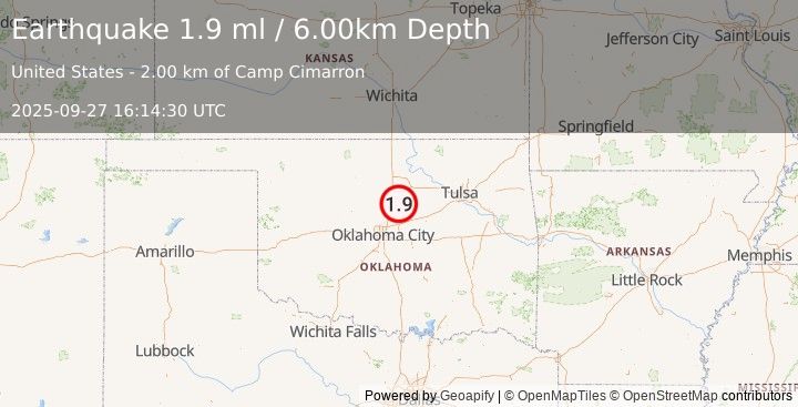 Earthquake 3 km ENE of Coyle, Oklahoma (1.9 ml) (2025-09-27 16:14:30 UTC)