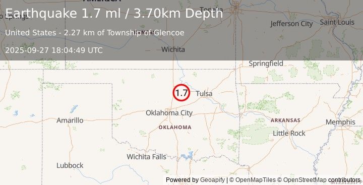 Earthquake 6 km SW of Glencoe, Oklahoma (1.7 ml) (2025-09-27 18:04:49 UTC)