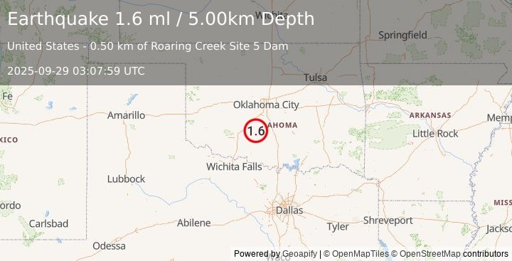Earthquake 11 km SSW of Alex, Oklahoma (1.6 ml) (2025-09-29 03:07:59 UTC)