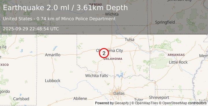 Earthquake 1 km ENE of Minco, Oklahoma (1.5 ml) (2025-09-29 22:48:53 UTC)