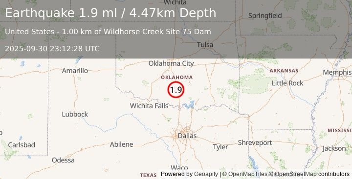Earthquake 11 km SE of Katie, Oklahoma (1.5 ml) (2025-09-30 23:12:27 UTC)