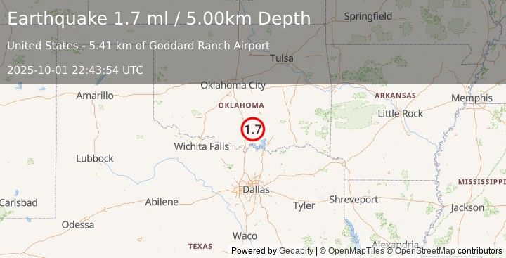 Earthquake 9 km SW of Mill Creek, Oklahoma (1.7 ml) (2025-10-01 22:43:54 UTC)
