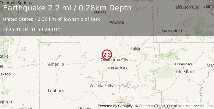 Earthquake 10 km NW of Okarche, Oklahoma (2.2 ml) (2025-10-04 01:50:23 UTC)