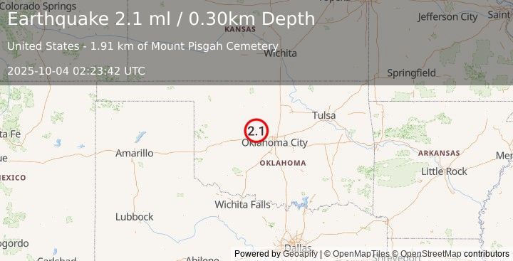 Earthquake 10 km WNW of Okarche, Oklahoma (2.1 ml) (2025-10-04 02:23:42 UTC)