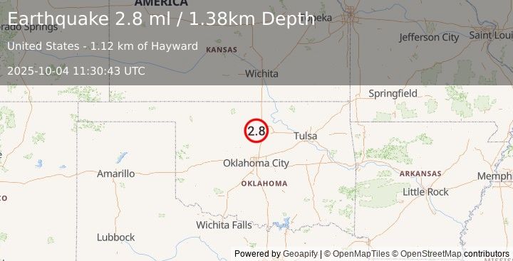 Earthquake 4 km WNW of Lucien, Oklahoma (2.8 ml) (2025-10-04 11:30:43 UTC)