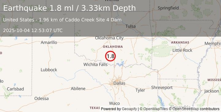 Earthquake 9 km SE of Ratliff City, Oklahoma (1.8 ml) (2025-10-04 12:53:07 UTC)