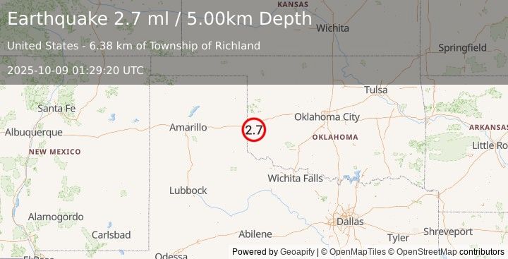 Earthquake 10 km W of Sayre, Oklahoma (2.4 ml) (2025-10-09 01:29:22 UTC)