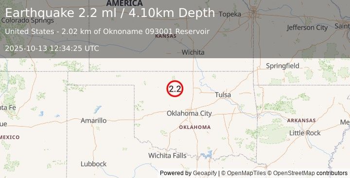 Earthquake 3 km SSE of Meno, Oklahoma (2.2 ml) (2025-10-13 12:34:25 UTC)