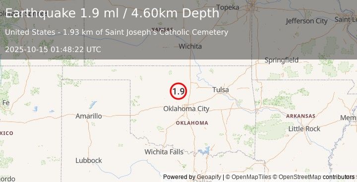 Earthquake 3 km ESE of Hennessey, Oklahoma (1.9 ml) (2025-10-15 01:48:22 UTC)