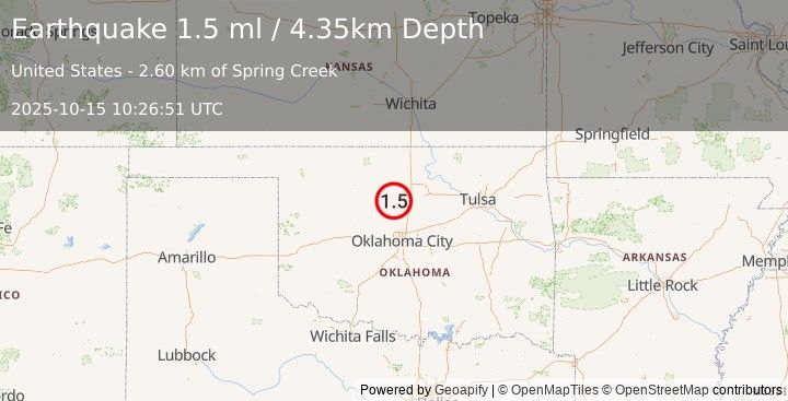Earthquake 5 km WSW of Marshall, Oklahoma (1.5 ml) (2025-10-15 10:26:51 UTC)
