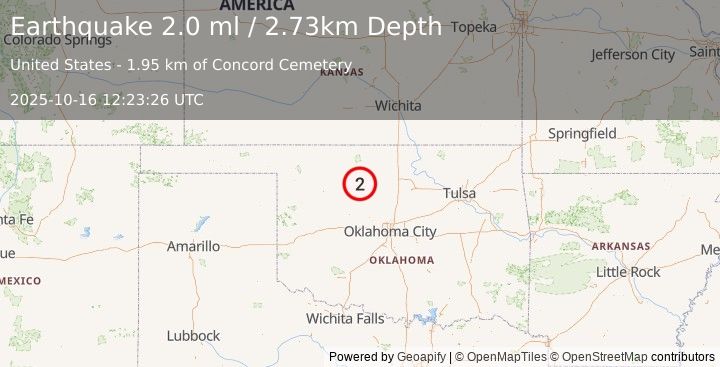 Earthquake 7 km S of Meno, Oklahoma (2.0 ml) (2025-10-16 12:23:26 UTC)