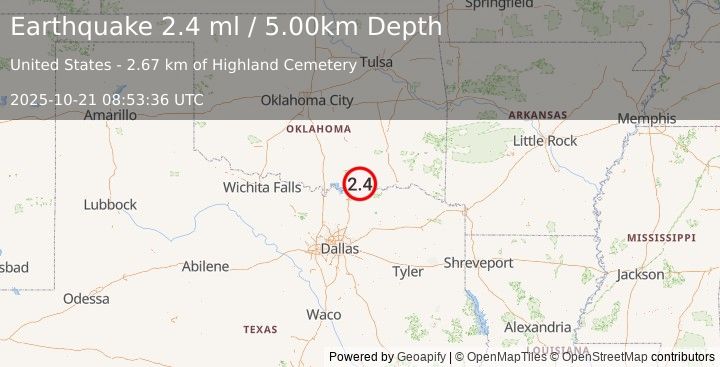 Earthquake 1 km E of Durant, Oklahoma (2.3 ml) (2025-10-21 08:53:37 UTC)