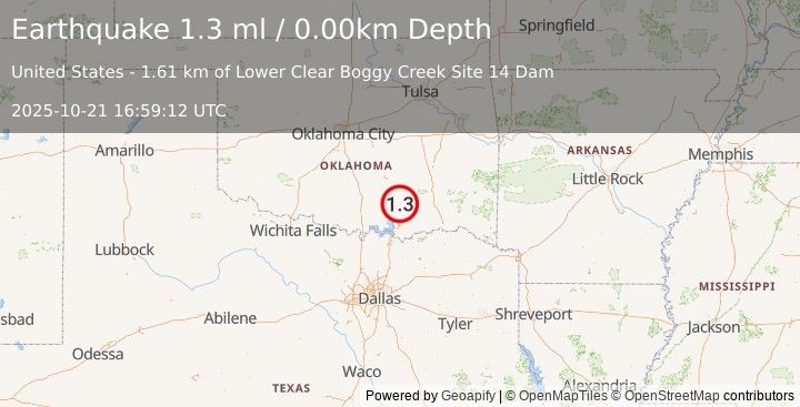 Earthquake 5 km SE of Wapanucka, Oklahoma (1.3 ml) (2025-10-21 16:59:12 UTC)