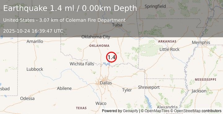 Earthquake 9 km SSE of Wapanucka, Oklahoma (1.4 ml) (2025-10-24 16:39:47 UTC)