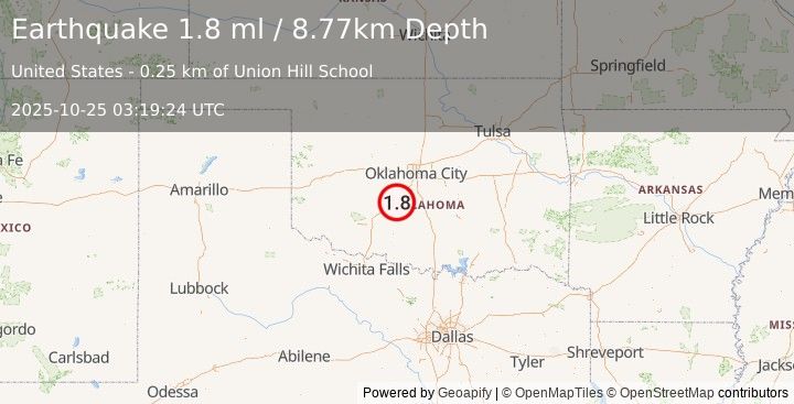 Earthquake 6 km NNE of Ninnekah, Oklahoma (1.8 ml) (2025-10-25 03:19:24 UTC)