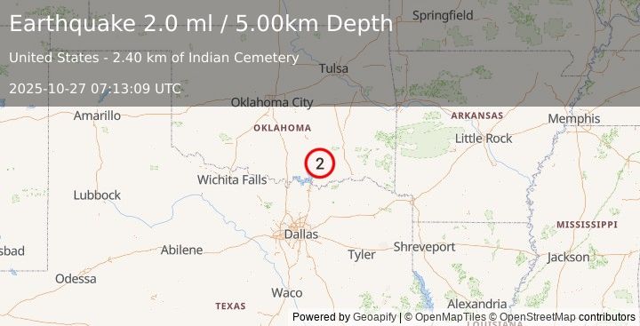 Earthquake 10 km NNE of Kenefic, Oklahoma (2.0 ml) (2025-10-27 07:13:09 UTC)