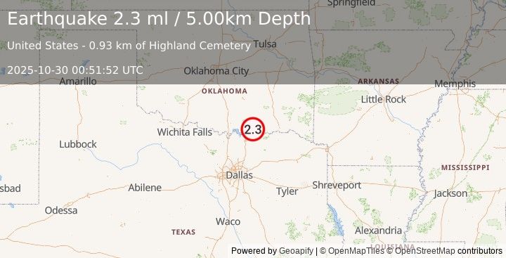 Earthquake 2 km S of Durant, Oklahoma (2.3 ml) (2025-10-30 00:51:52 UTC)
