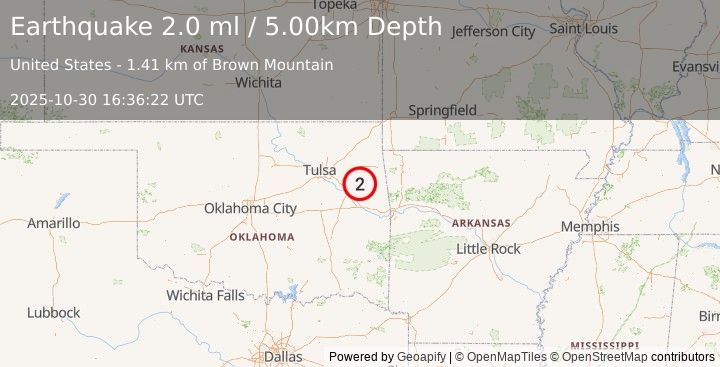 Earthquake 3 km SSW of Hulbert, Oklahoma (1.7 ml) (2025-10-30 16:36:21 UTC)