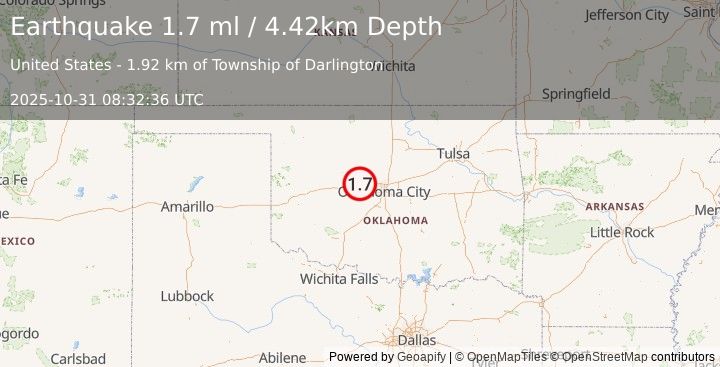 Earthquake 6 km ENE of Calumet, Oklahoma (1.7 ml) (2025-10-31 08:32:36 UTC)