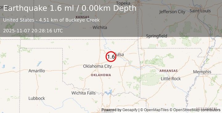 Earthquake 6 km NE of Drumright, Oklahoma (1.6 ml) (2025-11-07 20:28:16 UTC)