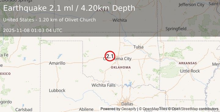 Earthquake 7 km ENE of Calumet, Oklahoma (2.1 ml) (2025-11-08 01:03:04 UTC)