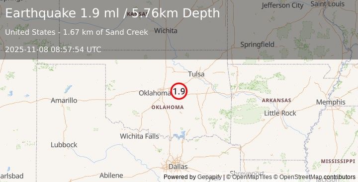 Earthquake 8 km NW of Prague, Oklahoma (1.9 ml) (2025-11-08 08:57:54 UTC)