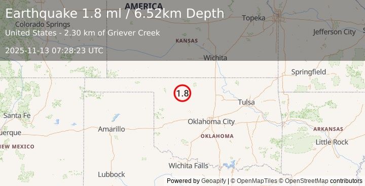 Earthquake 16 km SE of Waynoka, Oklahoma (1.8 ml) (2025-11-13 07:28:23 UTC)