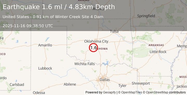 Earthquake 10 km W of Dibble, Oklahoma (1.6 ml) (2025-11-16 09:38:50 UTC)