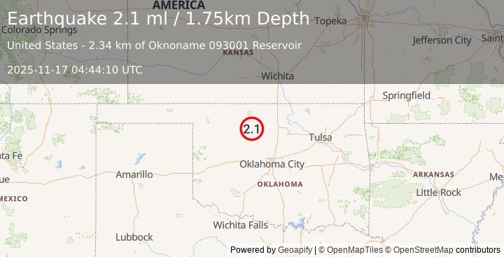 Earthquake 3 km ESE of Meno, Oklahoma (2.1 ml) (2025-11-17 04:44:10 UTC)