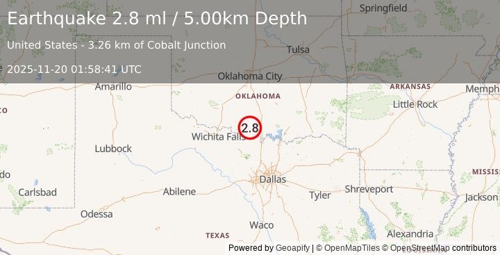 Earthquake 8 km ESE of Cornish, Oklahoma (2.8 ml) (2025-11-20 01:58:41 UTC)