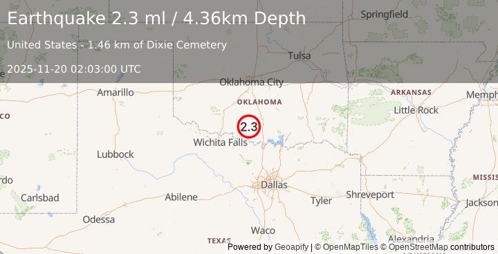 Earthquake 8 km ESE of Loco, Oklahoma (2.3 ml) (2025-11-20 02:03:00 UTC)
