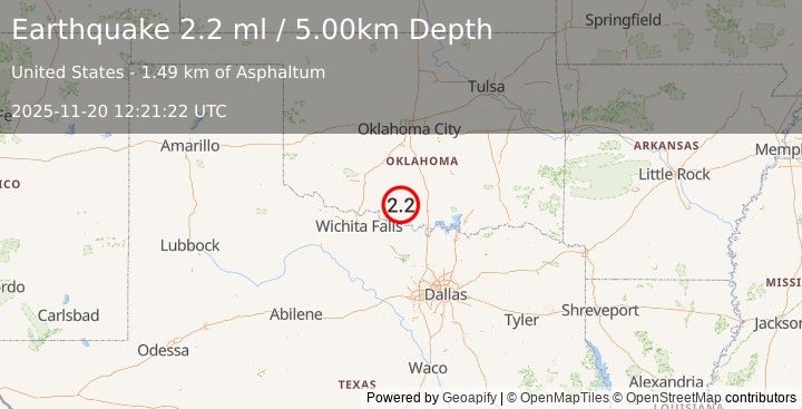 Earthquake 10 km ESE of Loco, Oklahoma (1.9 ml) (2025-11-20 12:21:24 UTC)