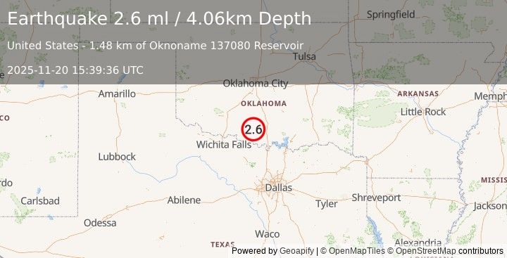 Earthquake 10 km ESE of Loco, Oklahoma (2.4 ml) (2025-11-20 15:39:35 UTC)