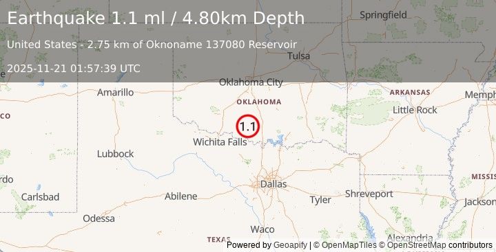 Earthquake 6 km ESE of Loco, Oklahoma (1.1 ml) (2025-11-21 01:57:39 UTC)